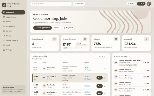 The Hair Desk dashboard with example data