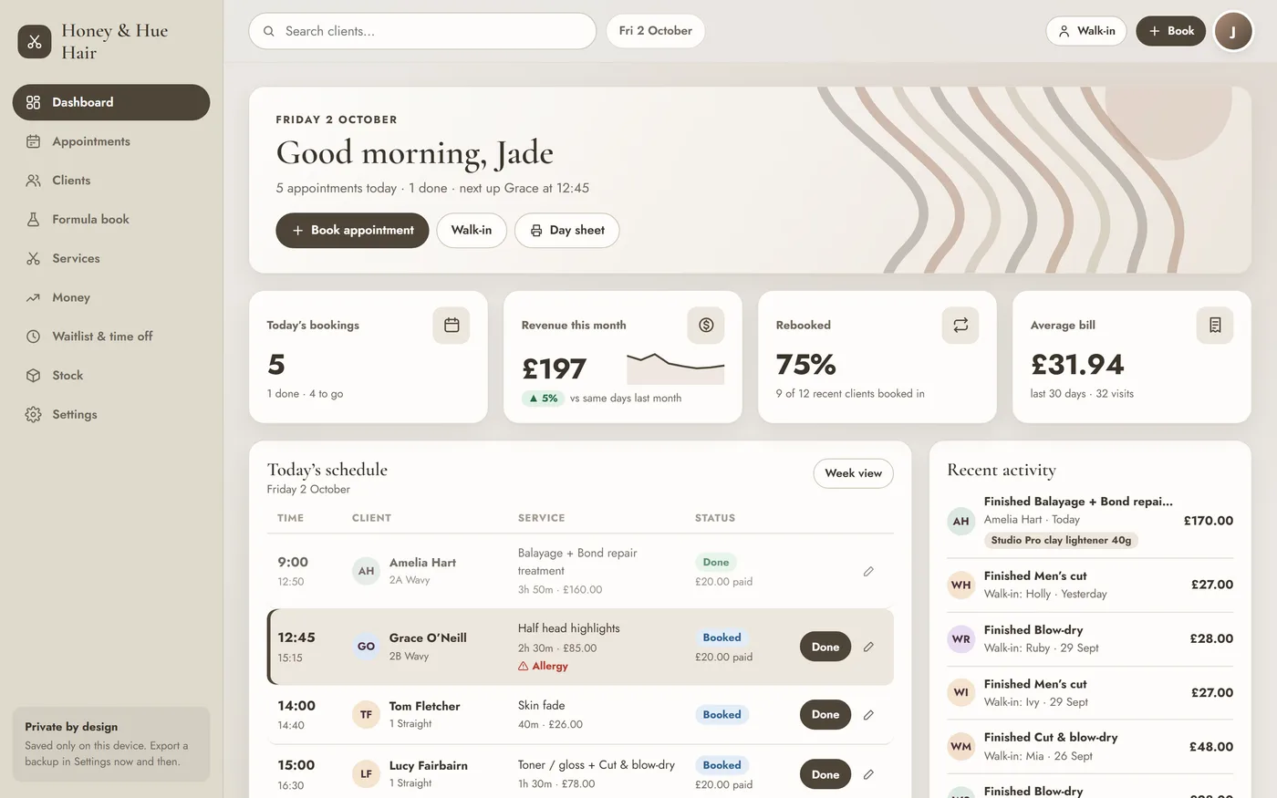 The Hair Desk client and appointment dashboard