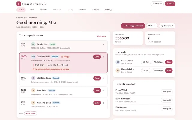 The Nail Desk dashboard with example data