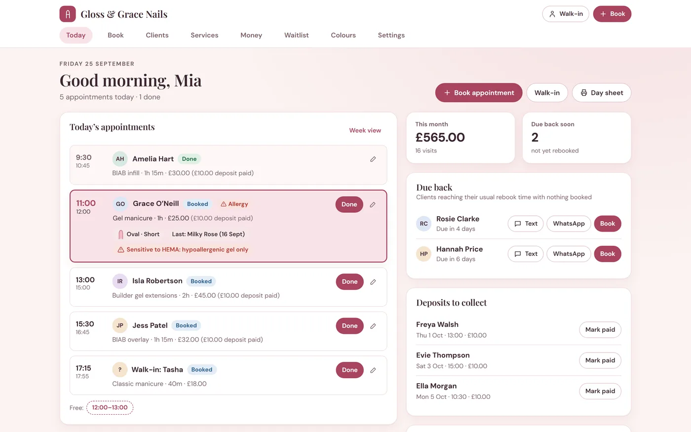 The Nail Desk: today with example data