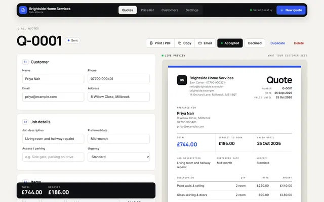 QuickQuote dashboard with example data